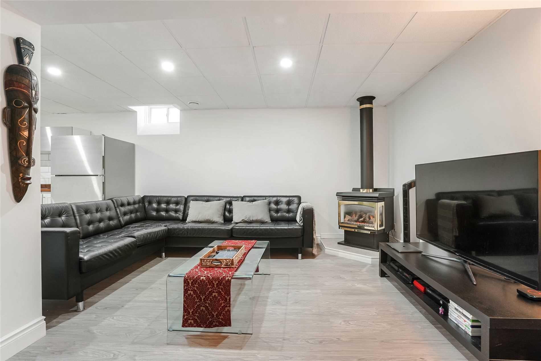 Finished lower-level living room after renovation