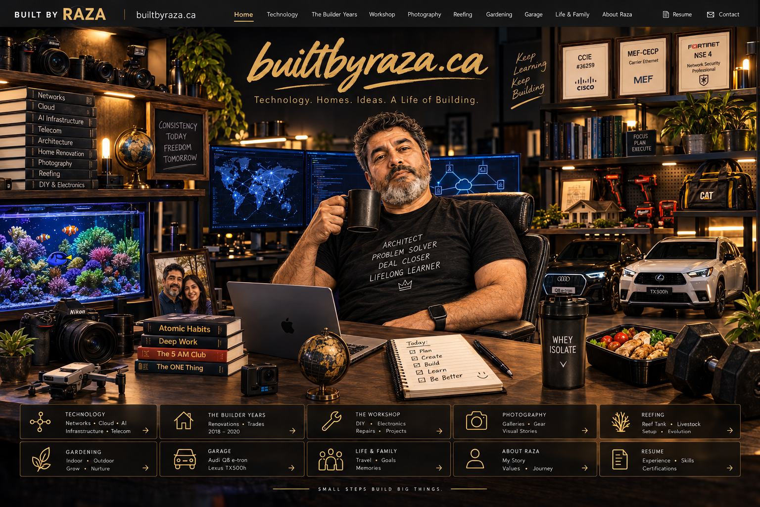 Built By Raza workspace showing technology, building, photography, aquarium, gardening, travel, and personal interests